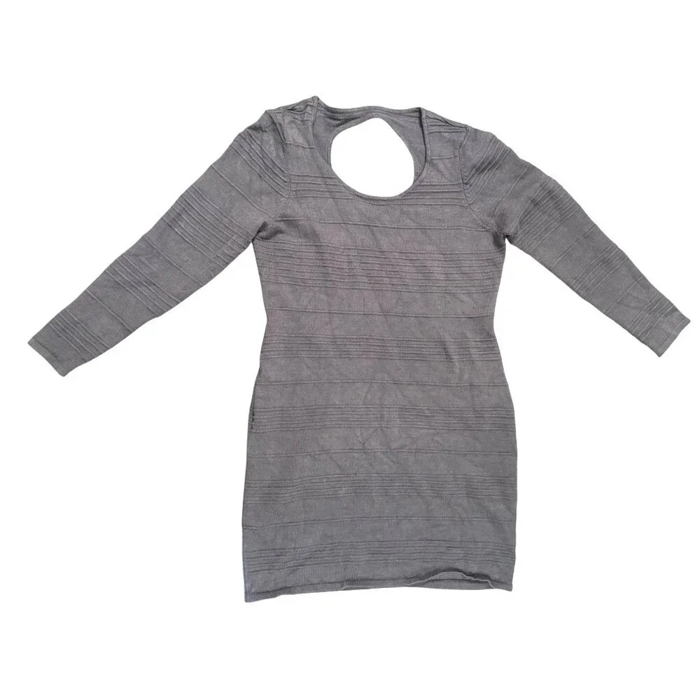 Allison Brittney Small Gray Textured Knit Long Sleeve Dress Soft Glam Open Back - Picture 10 of 10